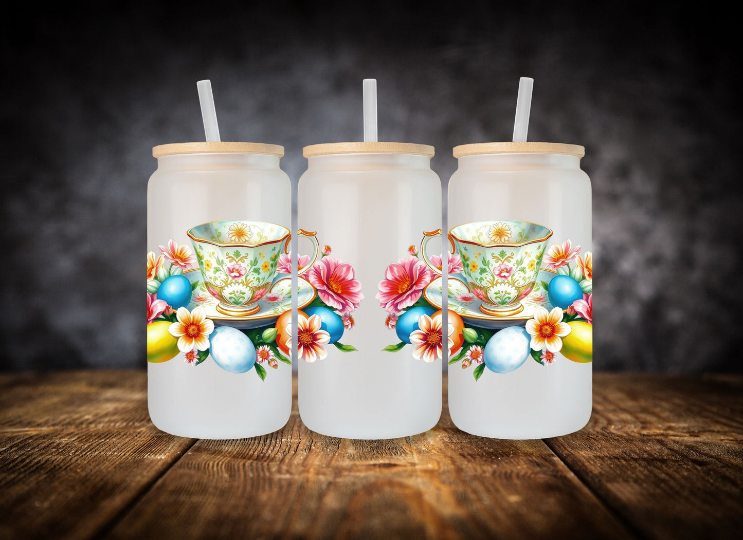 Glass Can- Easter Tea Cups