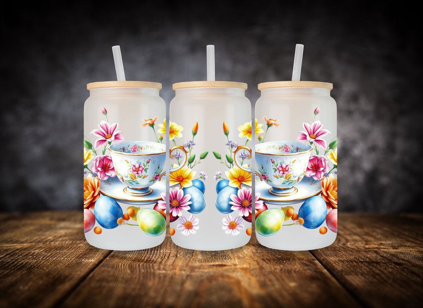 Glass Can- Easter Tea Cups