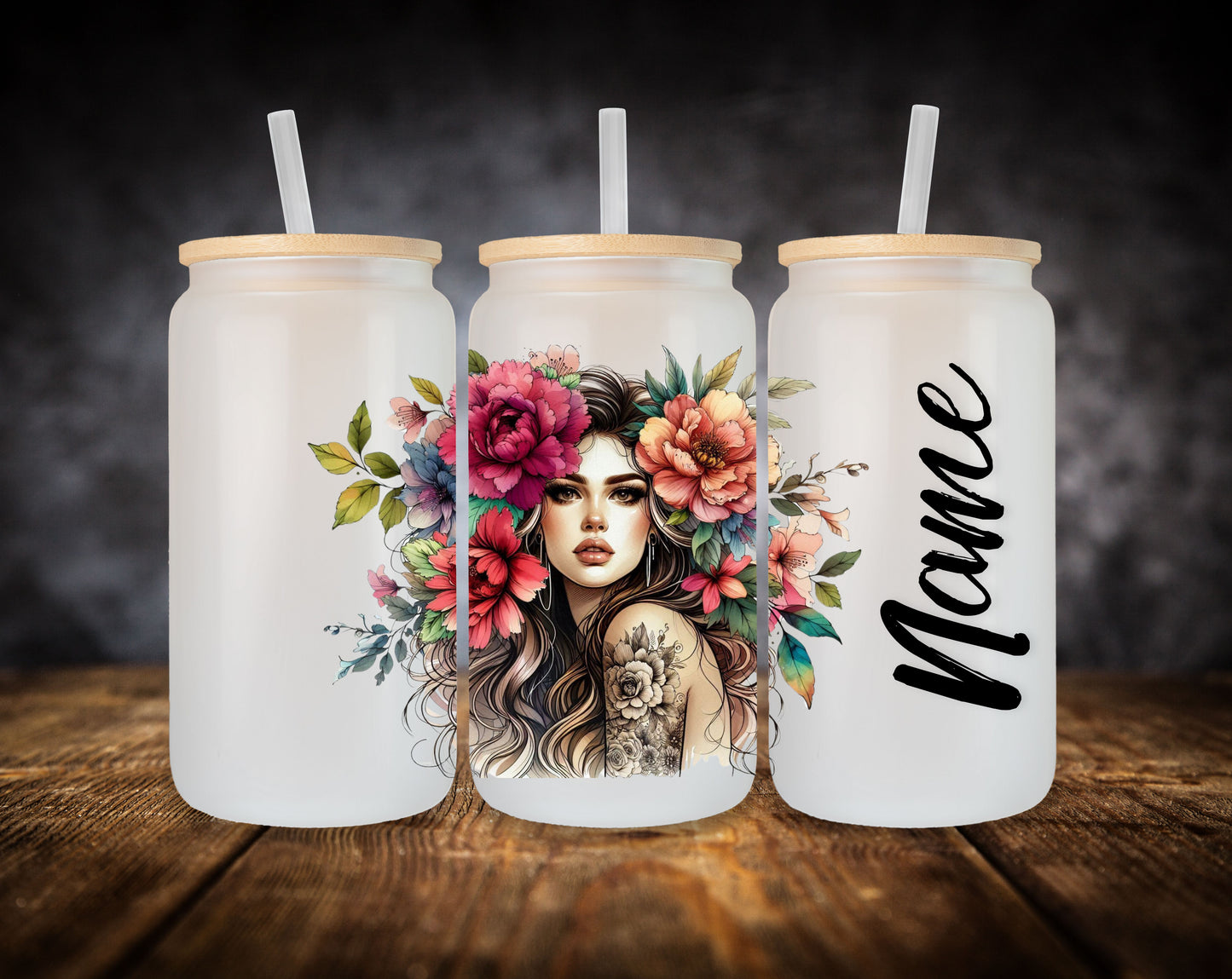 Glass Can- Girl-Flowers in Hair W/Name