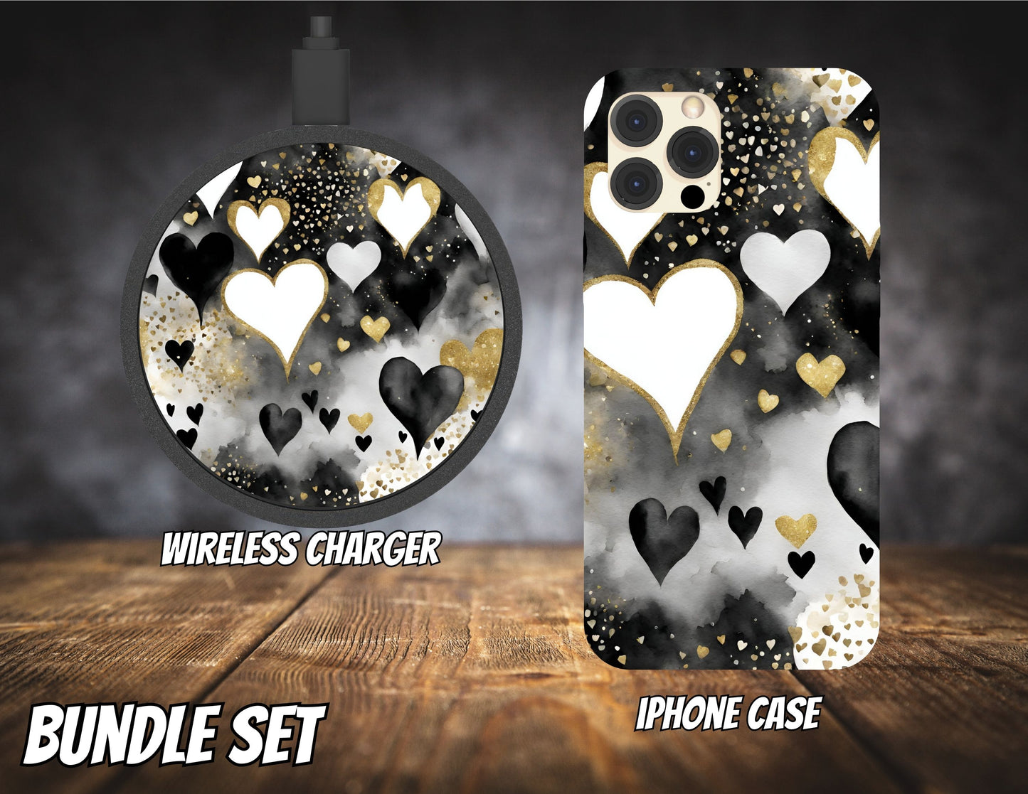 Matching iPhone Case and Wireless Charger- Black & Gold Hearts