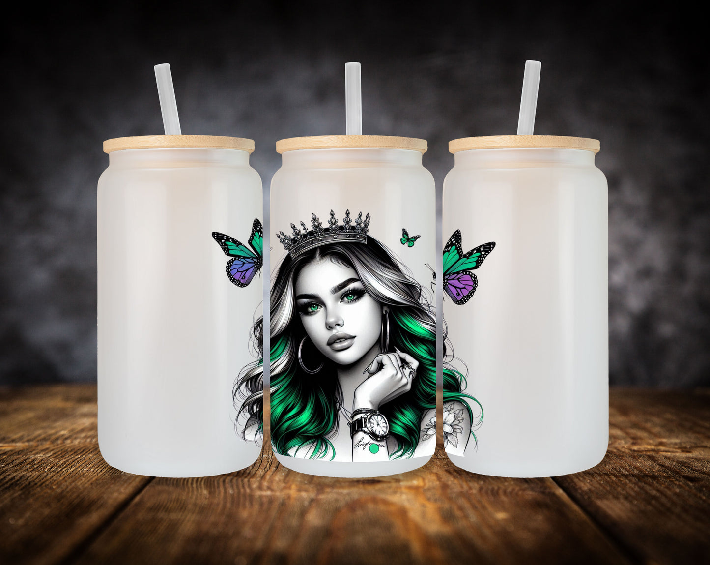 Glass Can- Girl-Green Hair and Butterflies