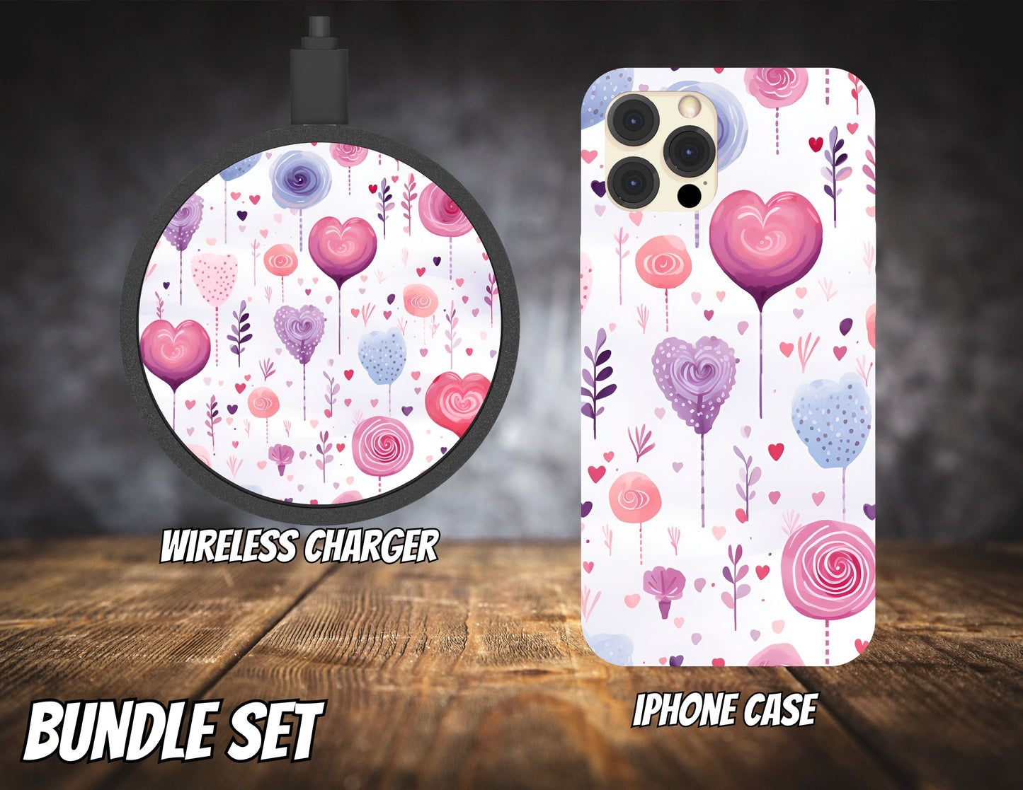 Matching iPhone Case and Wireless Charger- Heart Lollypops