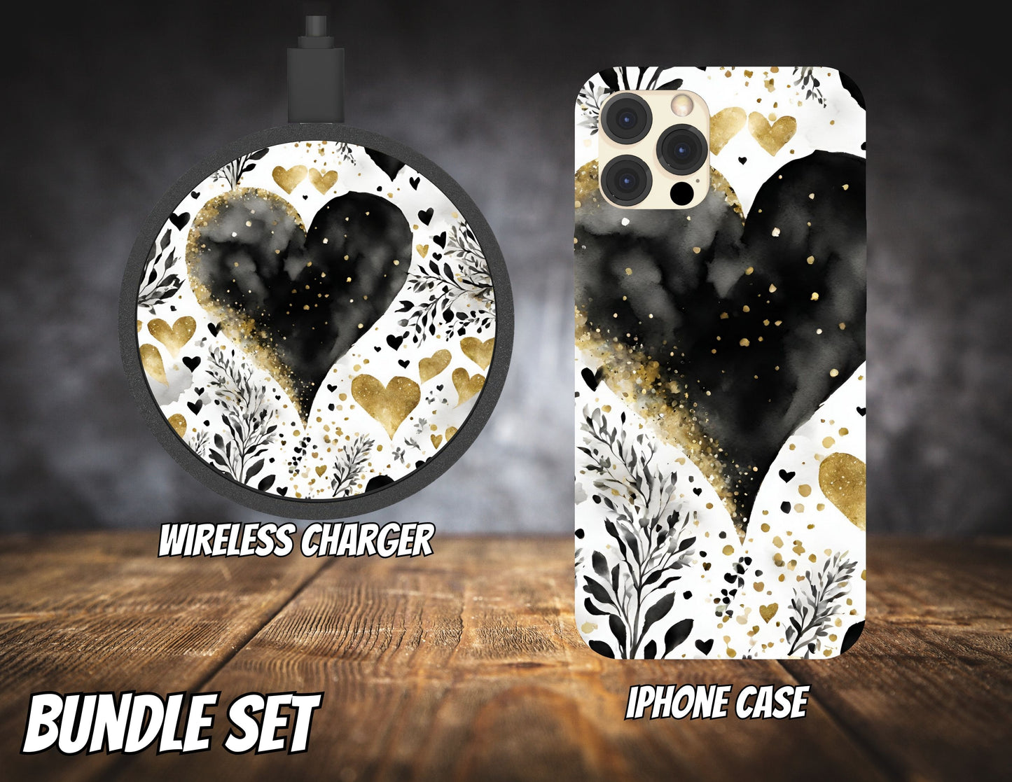 Matching iPhone Case and Wireless Charger- Black & Gold Hearts