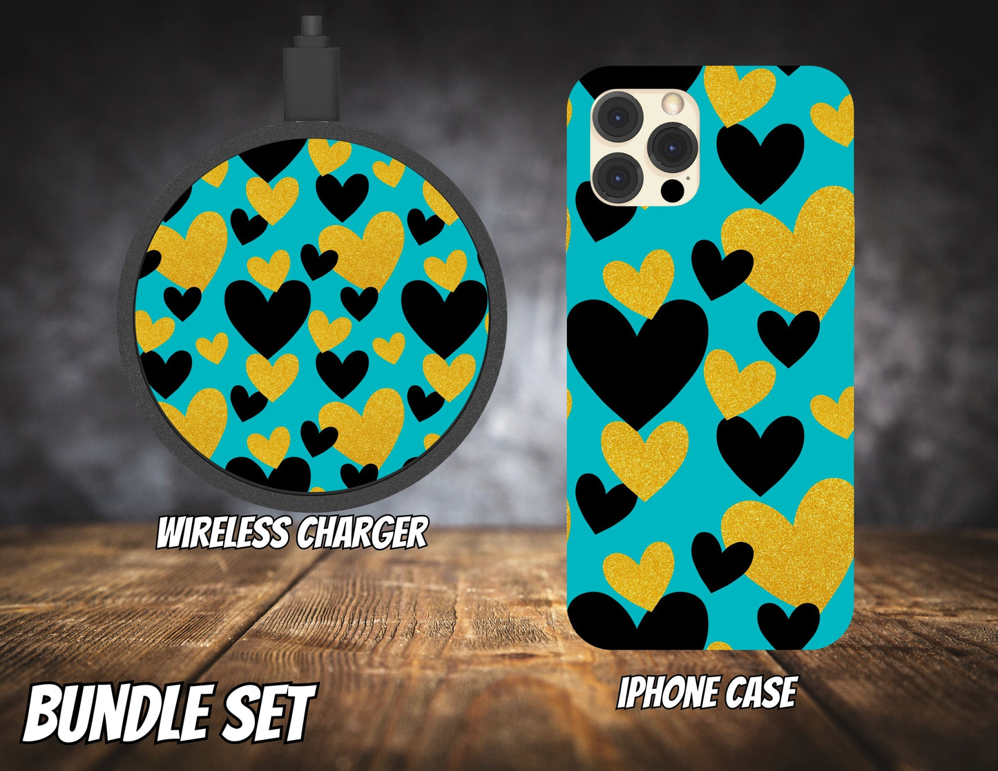 Matching iPhone Case and Wireless Charger- Teal W/Black & Gold Hearts