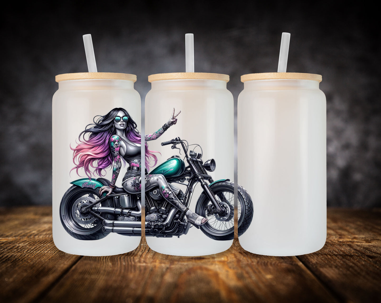 Glass Can- Girl-Motorcycle-Pink Hair