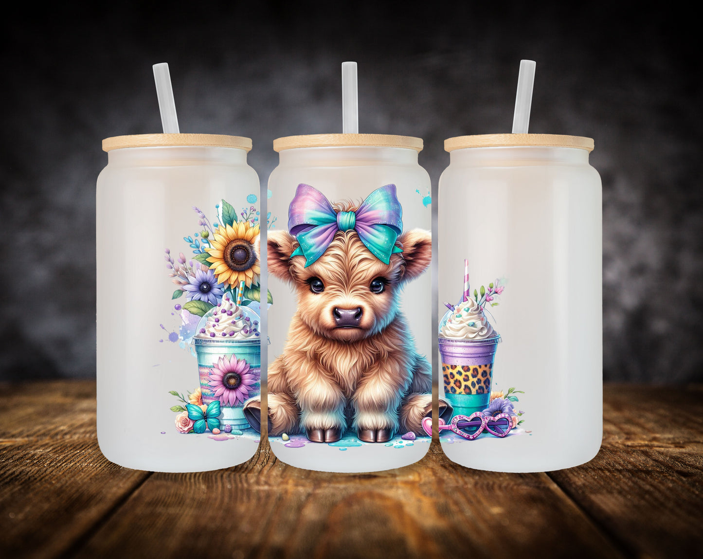 Glass Can Highland Cow-Pink and Blue Bow