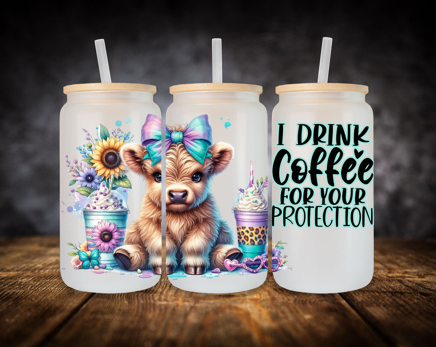 Glass Can Highland Cow-Pink and Blue Bow