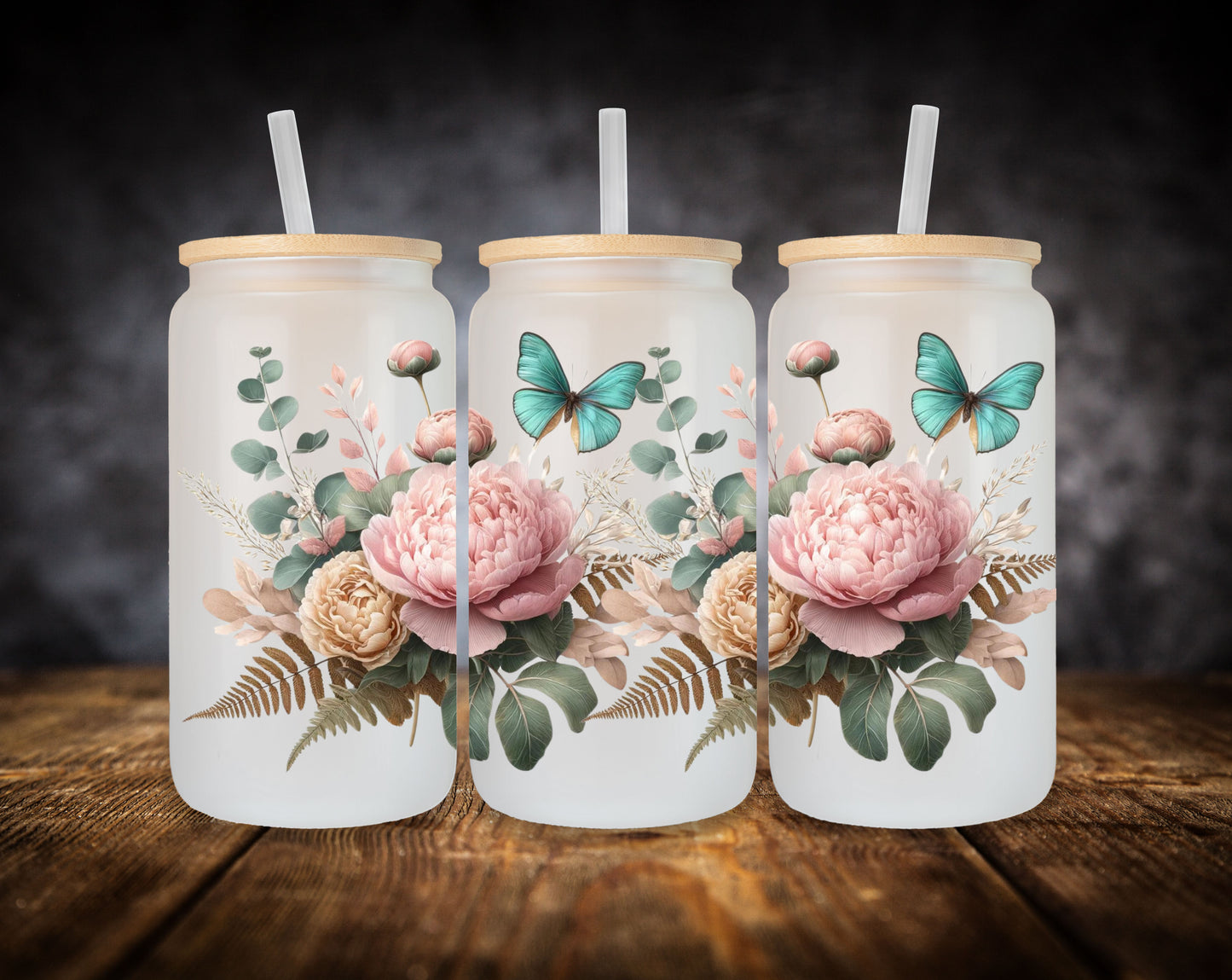 Glass Can- Pink Peony with Butterflies