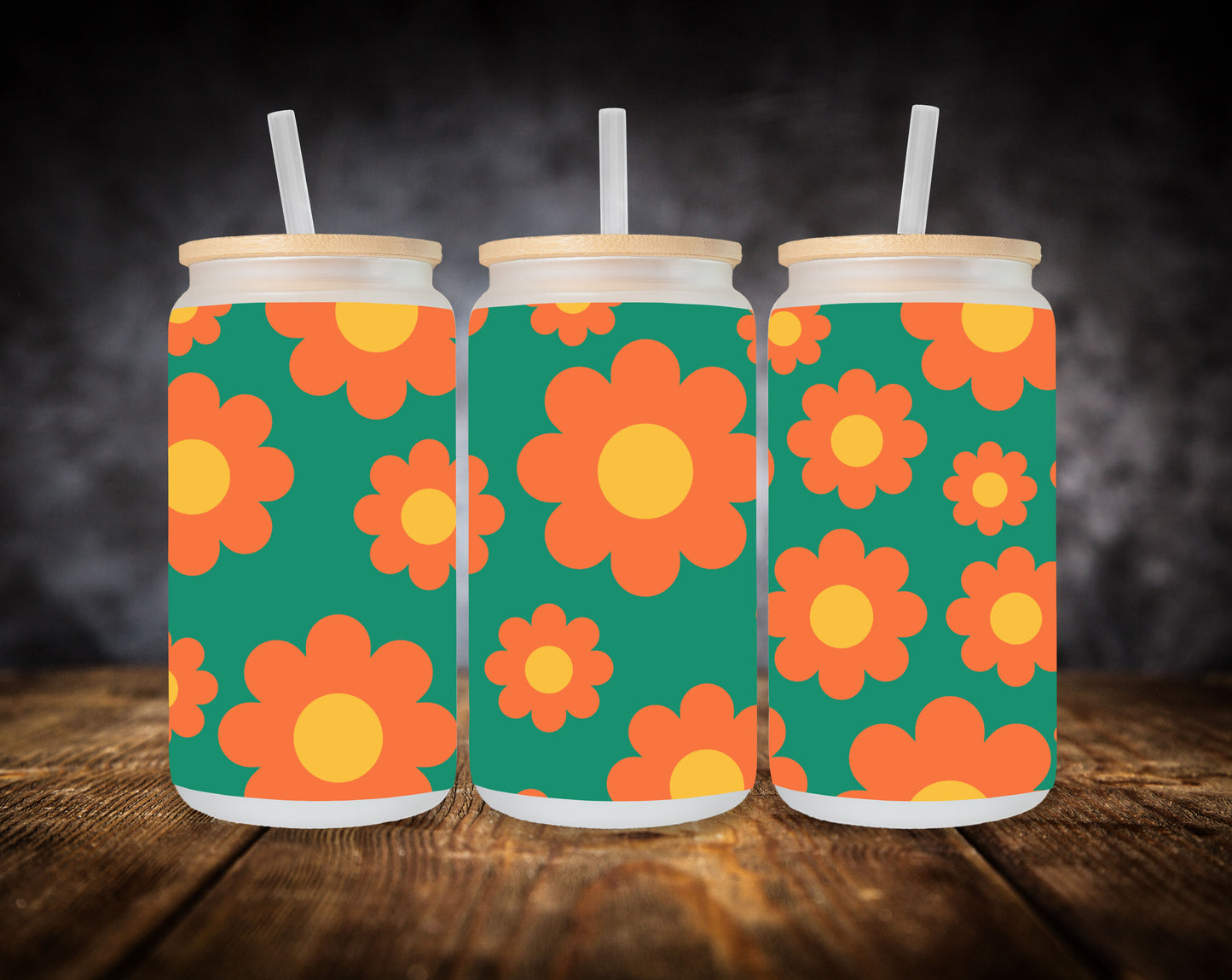 Glass Can- Retro Floral Pattern-Orange