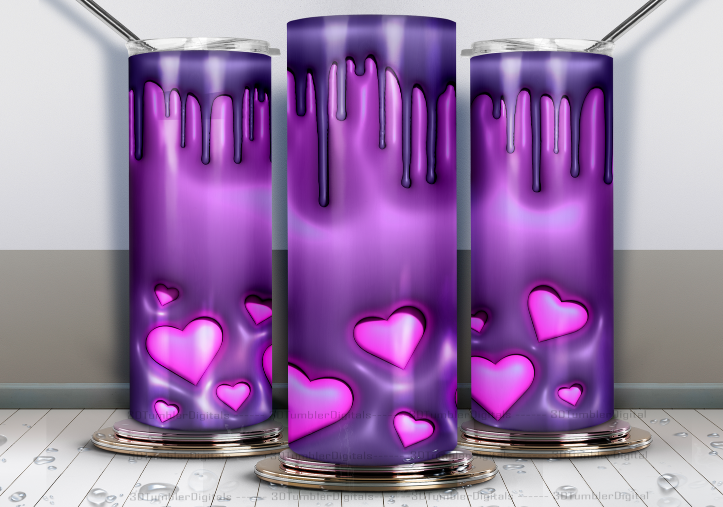 20oz Tumbler Purple Drip W/Pink Hearts