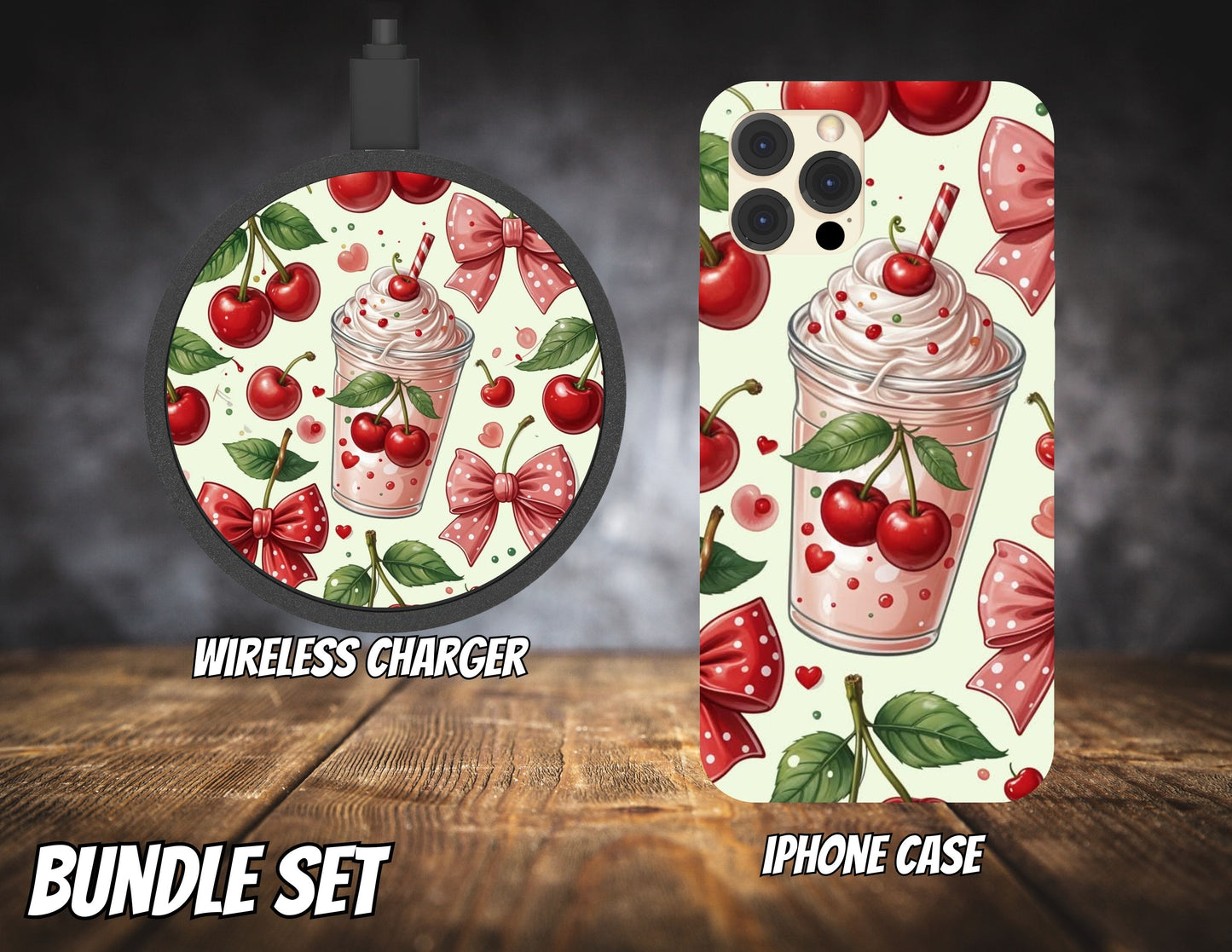 Matching iPhone Case and Wireless Charger- Cherries and Bows Coffee