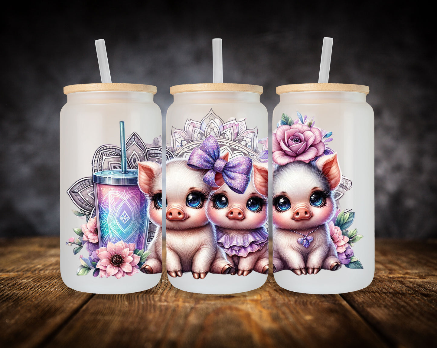Glass Can- Cute Piglets-Purple Bow