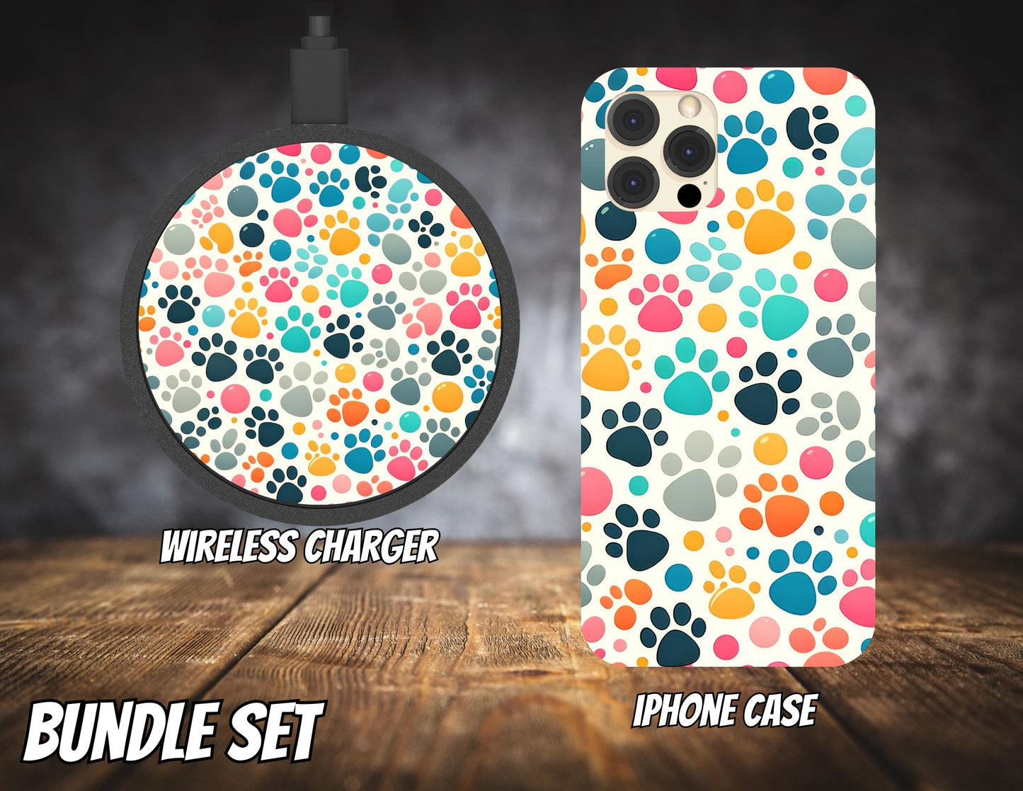 Matching iPhone Case and Wireless Charger- Colorful Pet Paws
