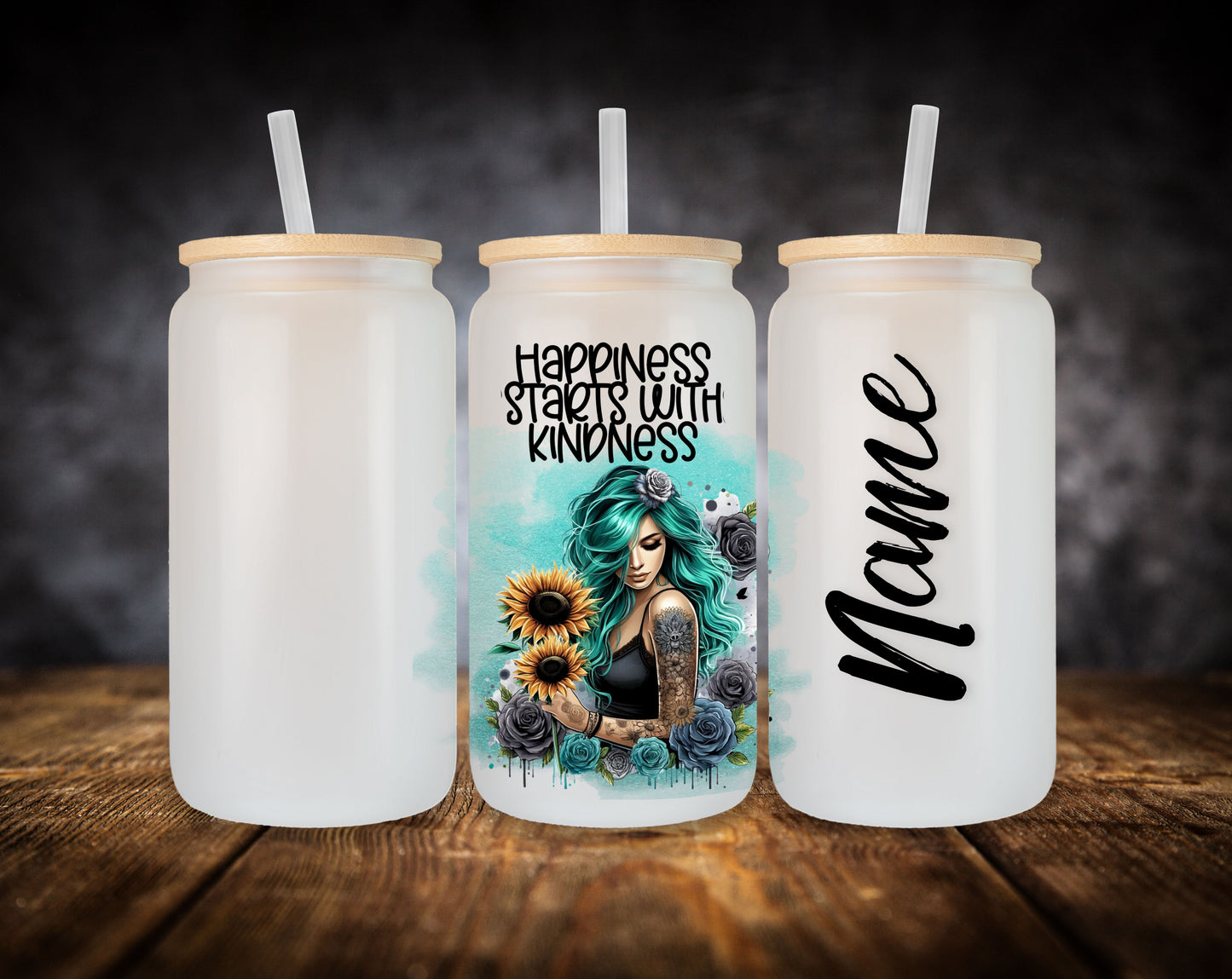 Glass Can- Girl-Blue Hair-Happiness Starts With Kindness W/Name