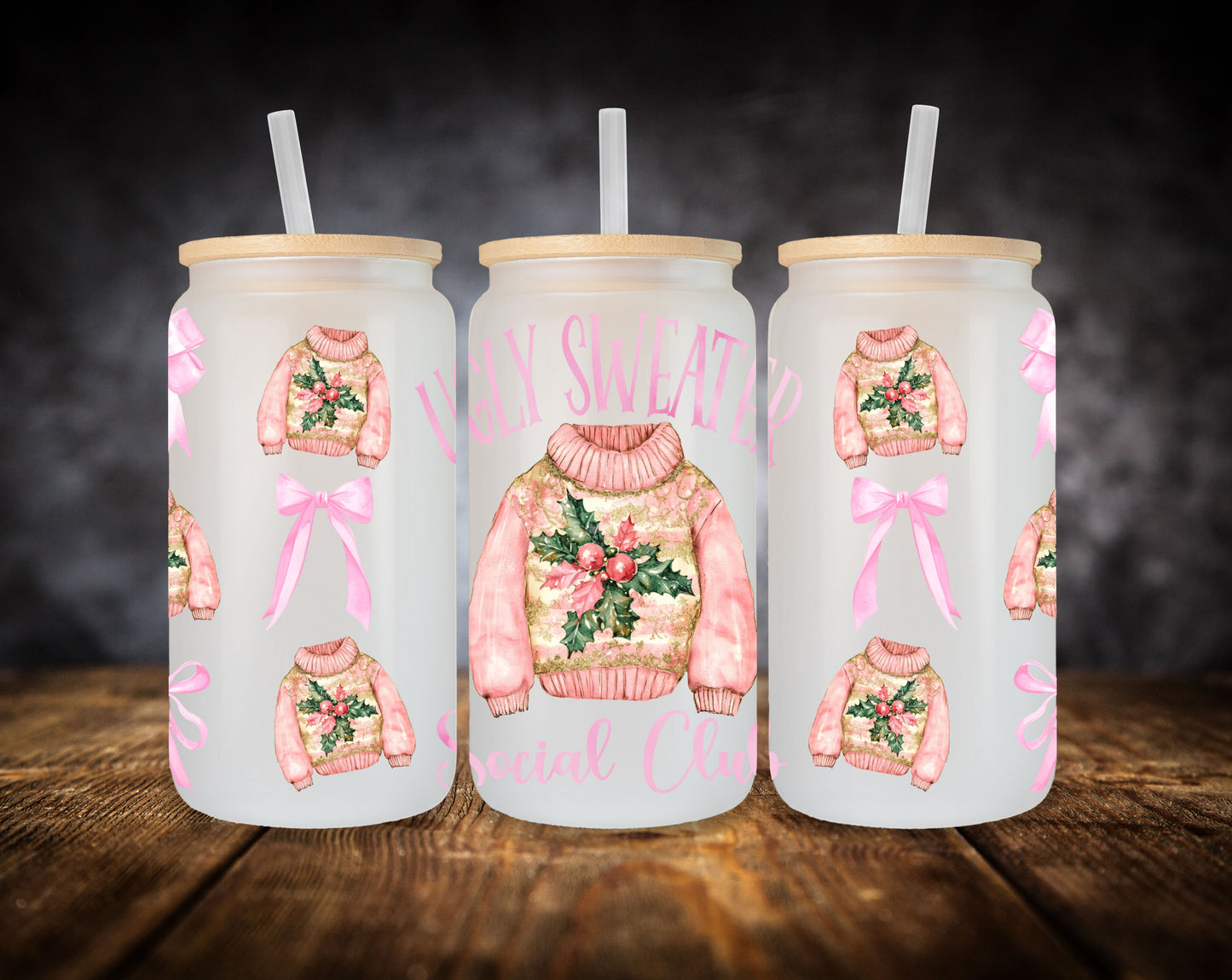 Glass Can- Pink Christmas