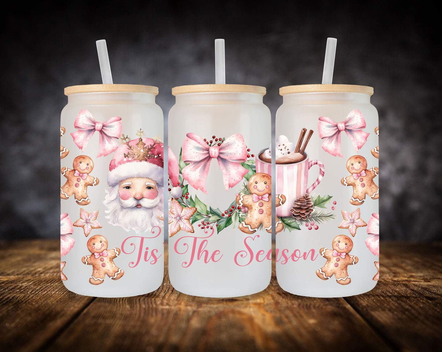Glass Can- Pink Christmas