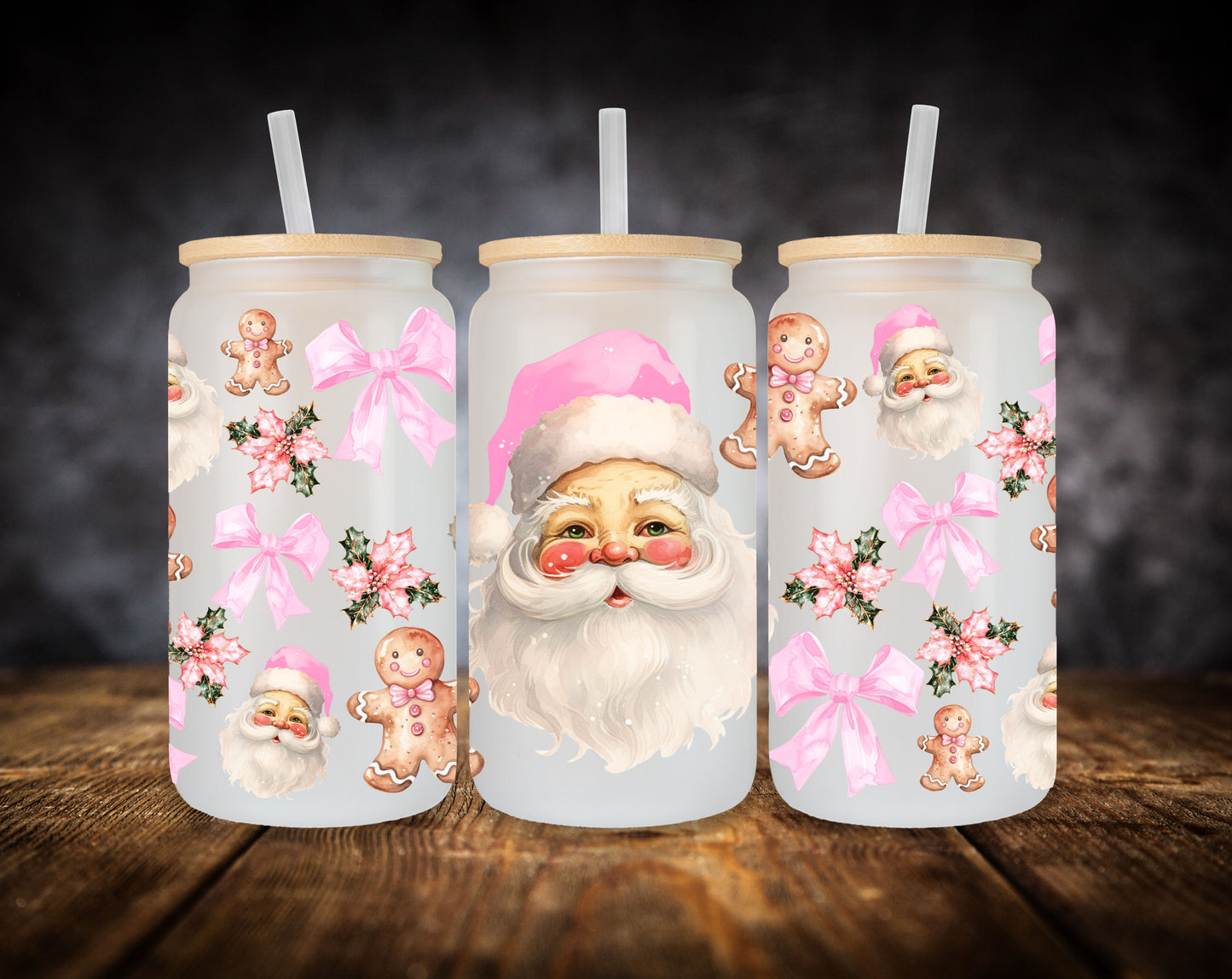 Glass Can- Pink Christmas