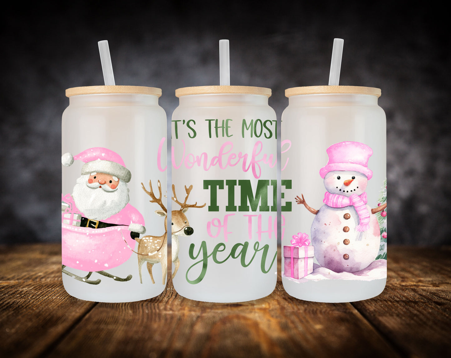 Glass Can- Pink Christmas