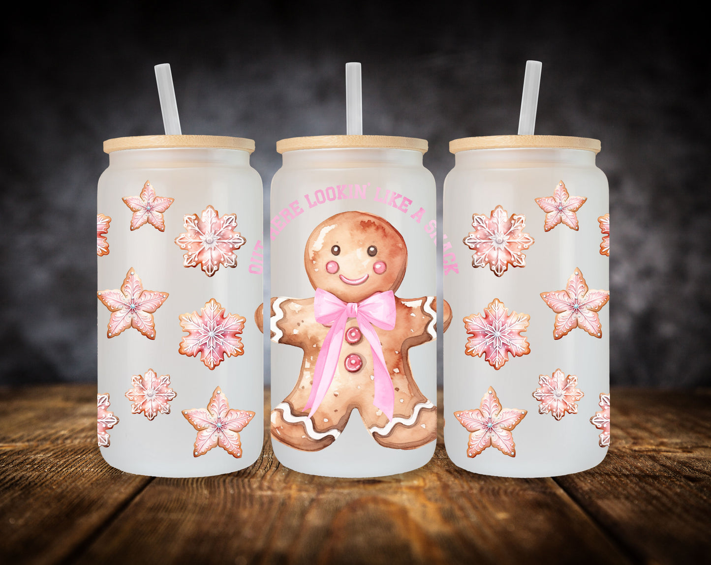 Glass Can- Pink Christmas