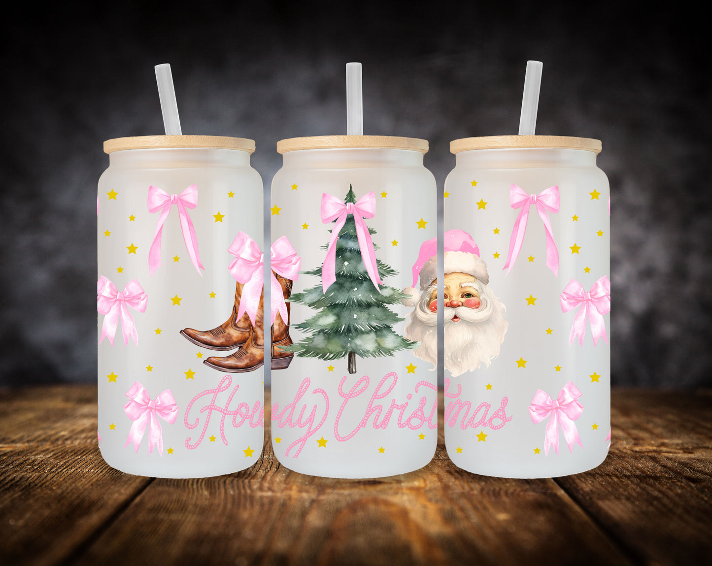 Glass Can- Pink Christmas
