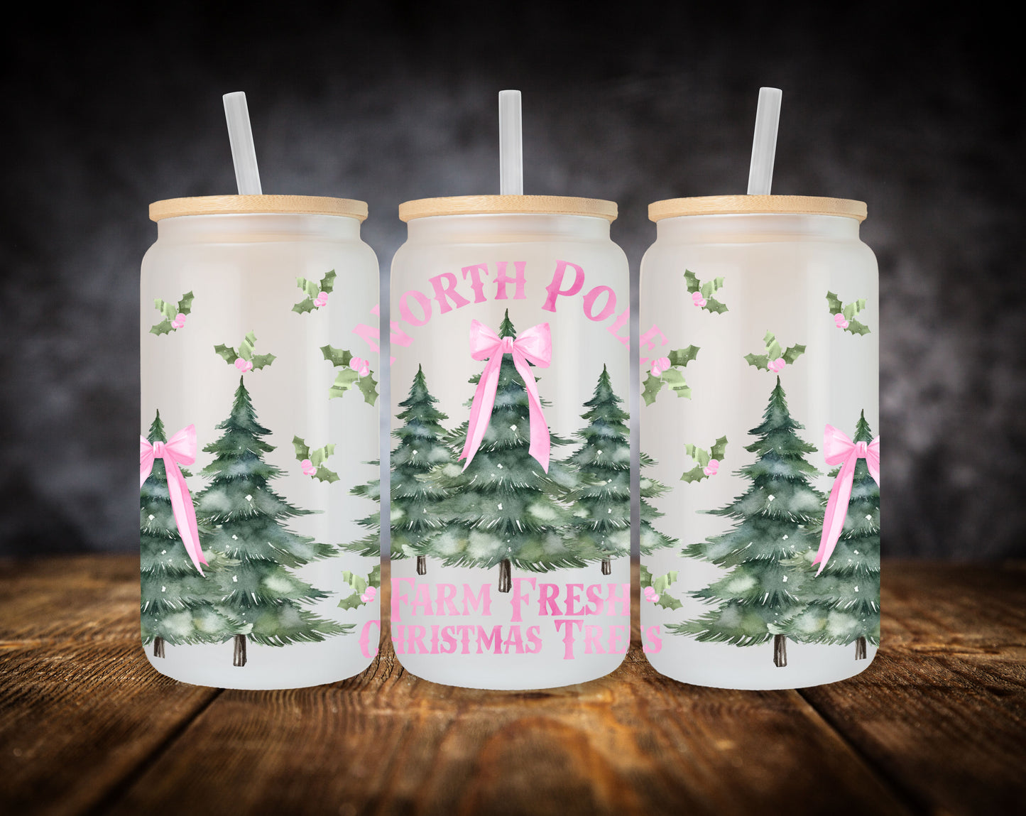 Glass Can- Pink Christmas