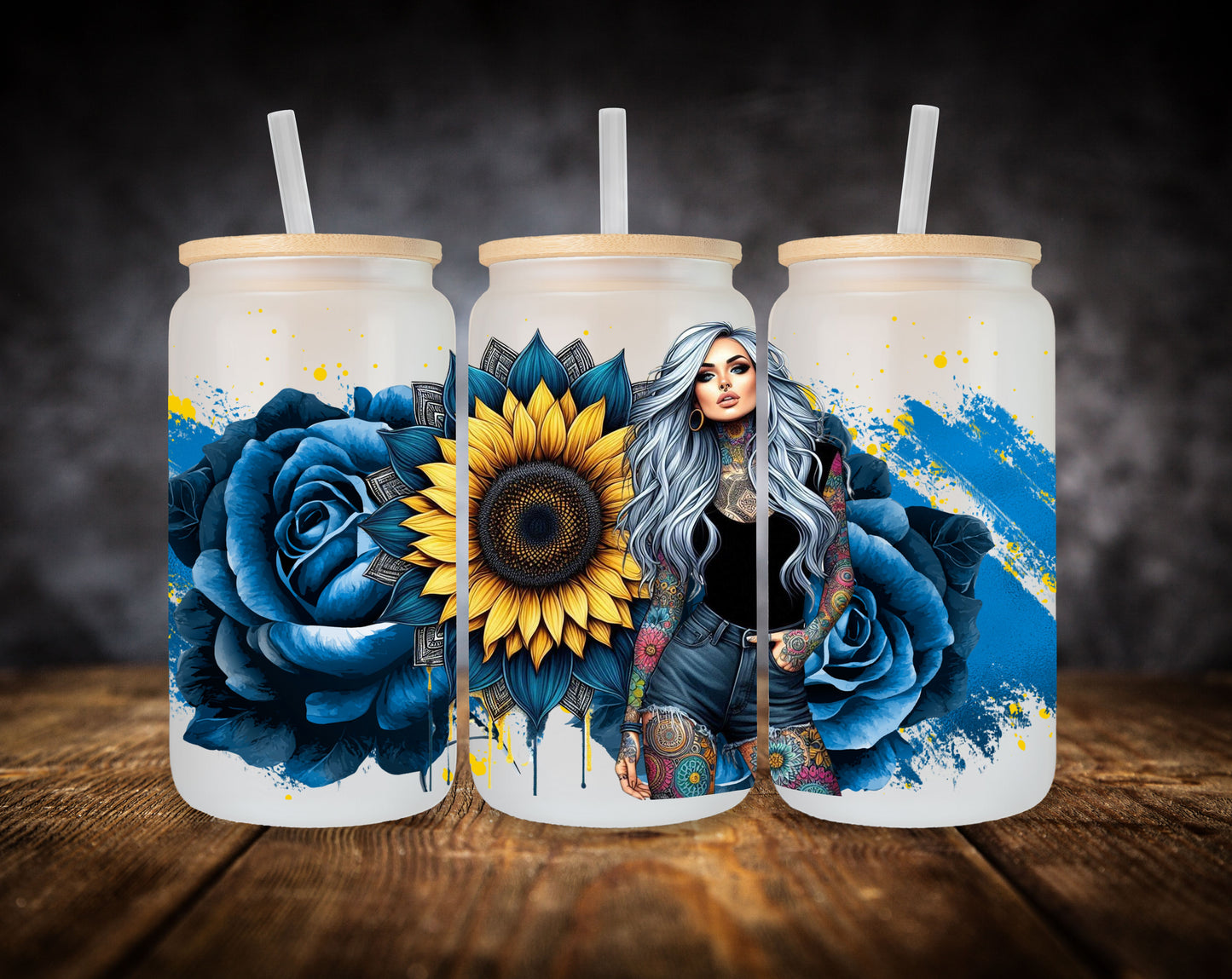 Glass Can- Girl-Blue Flowers