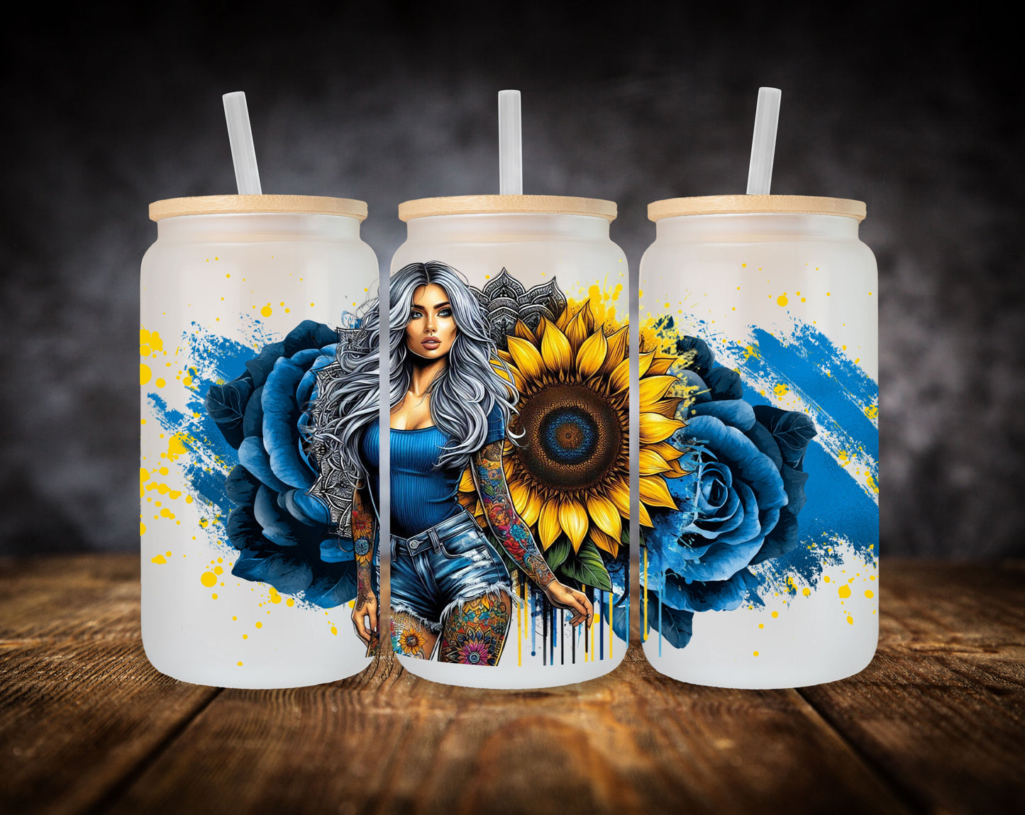 Glass Can- Girl-Blue Flowers