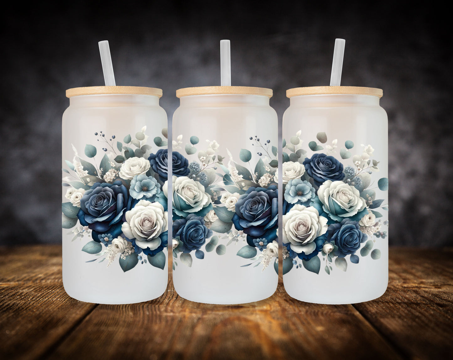 Glass Can-Blue Watercolor Roses
