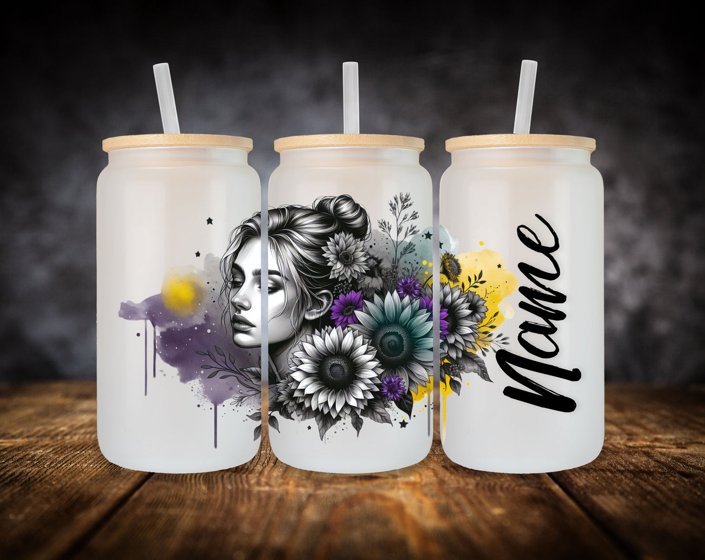 Glass Can-Sunflowers-Color Splash W/Name