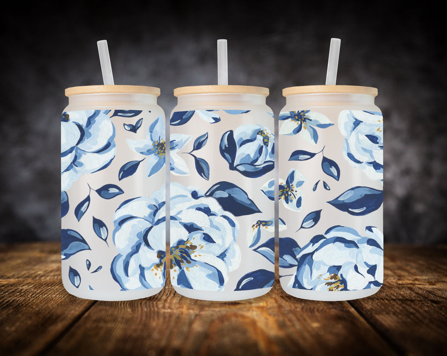 Glass Can-Blue Floral Print