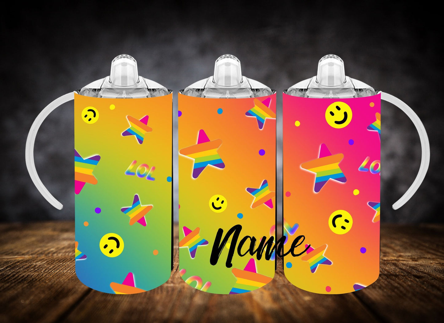 Sippy Cup- Ombre Smiley Face and Rainbows W/Name