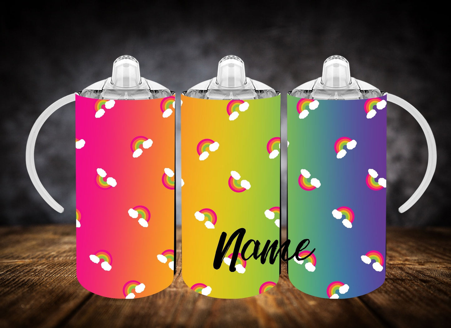 Sippy Cup- Ombre Smiley Face and Rainbows W/Name
