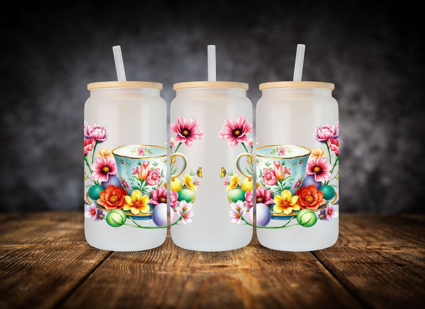 Glass Can-  Easter Tea Cups