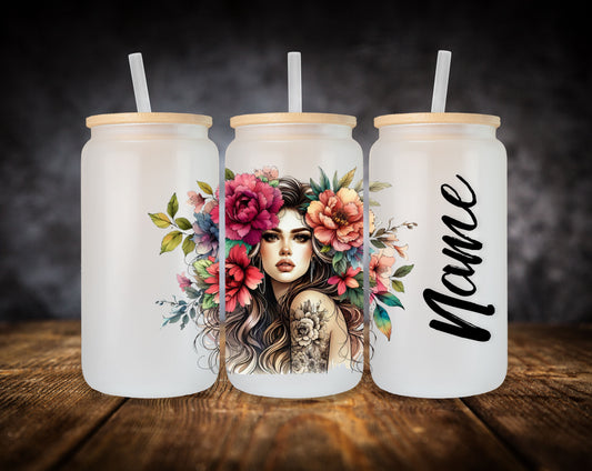 Glass Can- Girl-Flowers in Hair W/Name