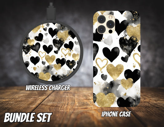 Matching iPhone Case and Wireless Charger- Black & Gold Hearts