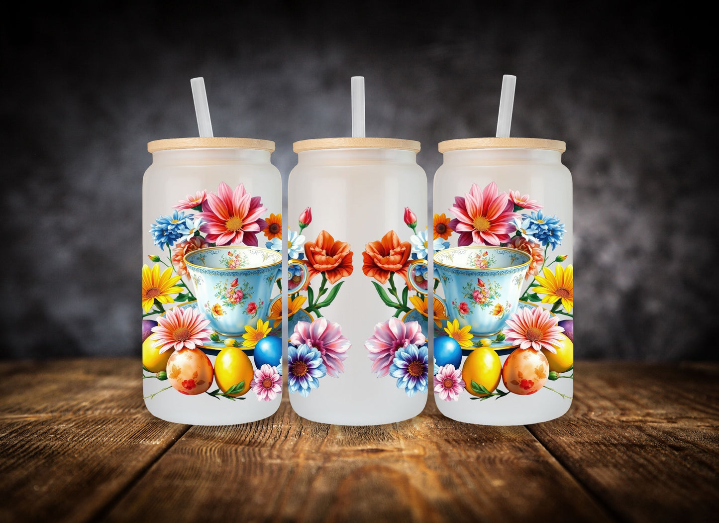 Glass Can-  Easter Tea Cups