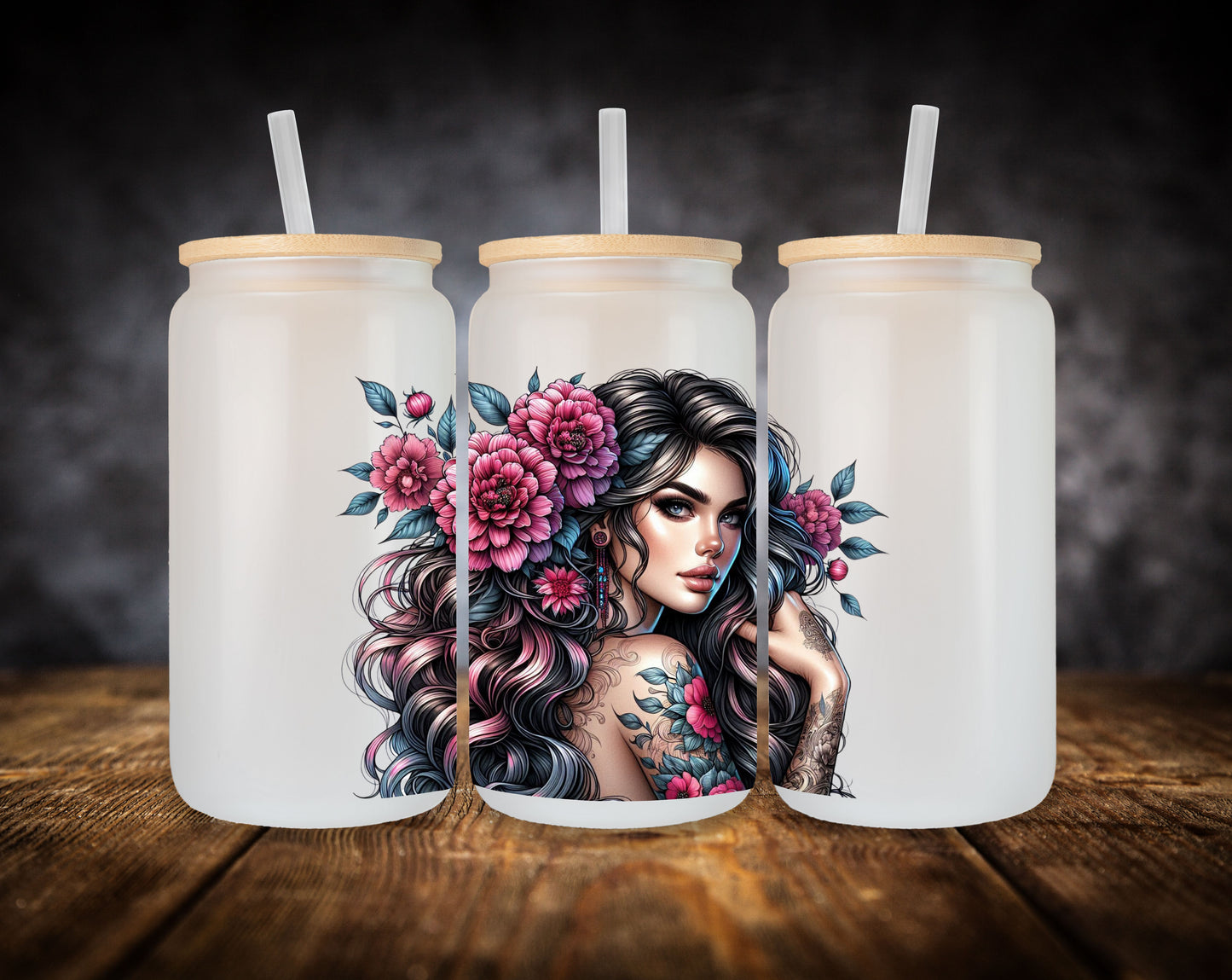 Glass Can- Girl-Pink Flowers