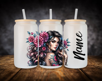 Glass Can- Girl-Pink Flowers W/Name