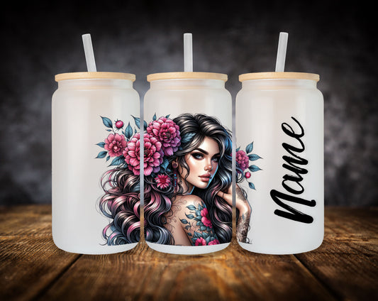 Glass Can- Girl-Pink Flowers W/Name
