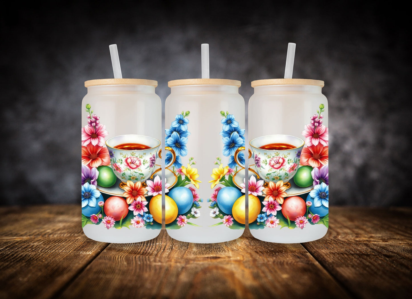 Glass Can-  Easter Tea Cups