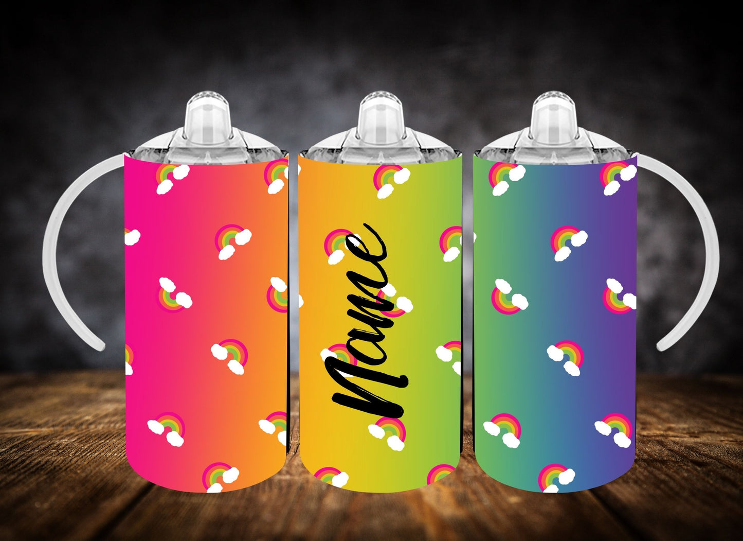 Sippy Cup- Ombre Smiley Face and Rainbows W/Name