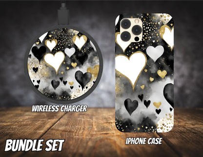 Matching iPhone Case and Wireless Charger- Black & Gold Hearts
