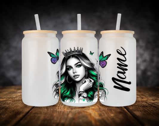 Glass Can- Girl-Green Hair and Butterflies W/Name
