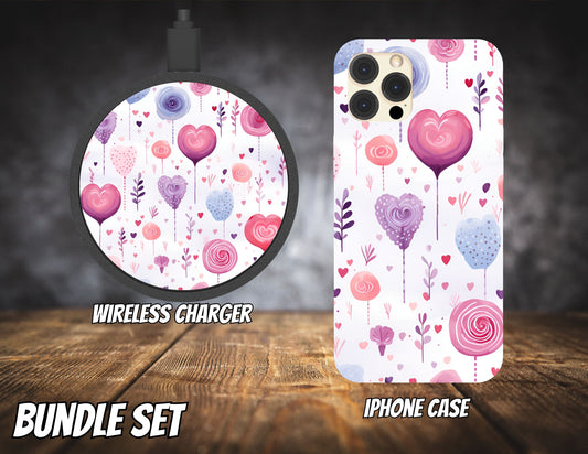 Matching iPhone Case and Wireless Charger- Heart Lollypops