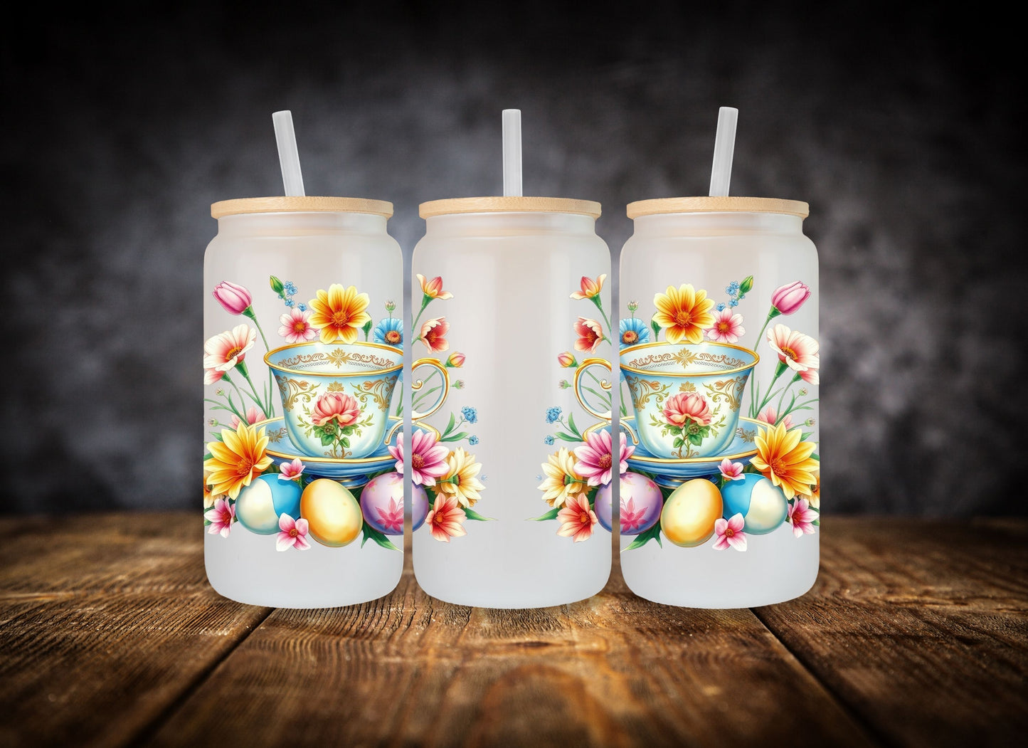Glass Can-  Easter Tea Cups