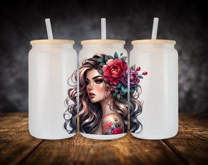 Glass Can- Girls-Curly Hair-Flowers