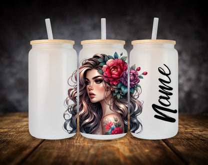 Glass Can- Girls-Curly Hair-Flowers W/Name