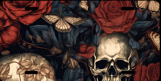 License Plate  Skull and Flowers