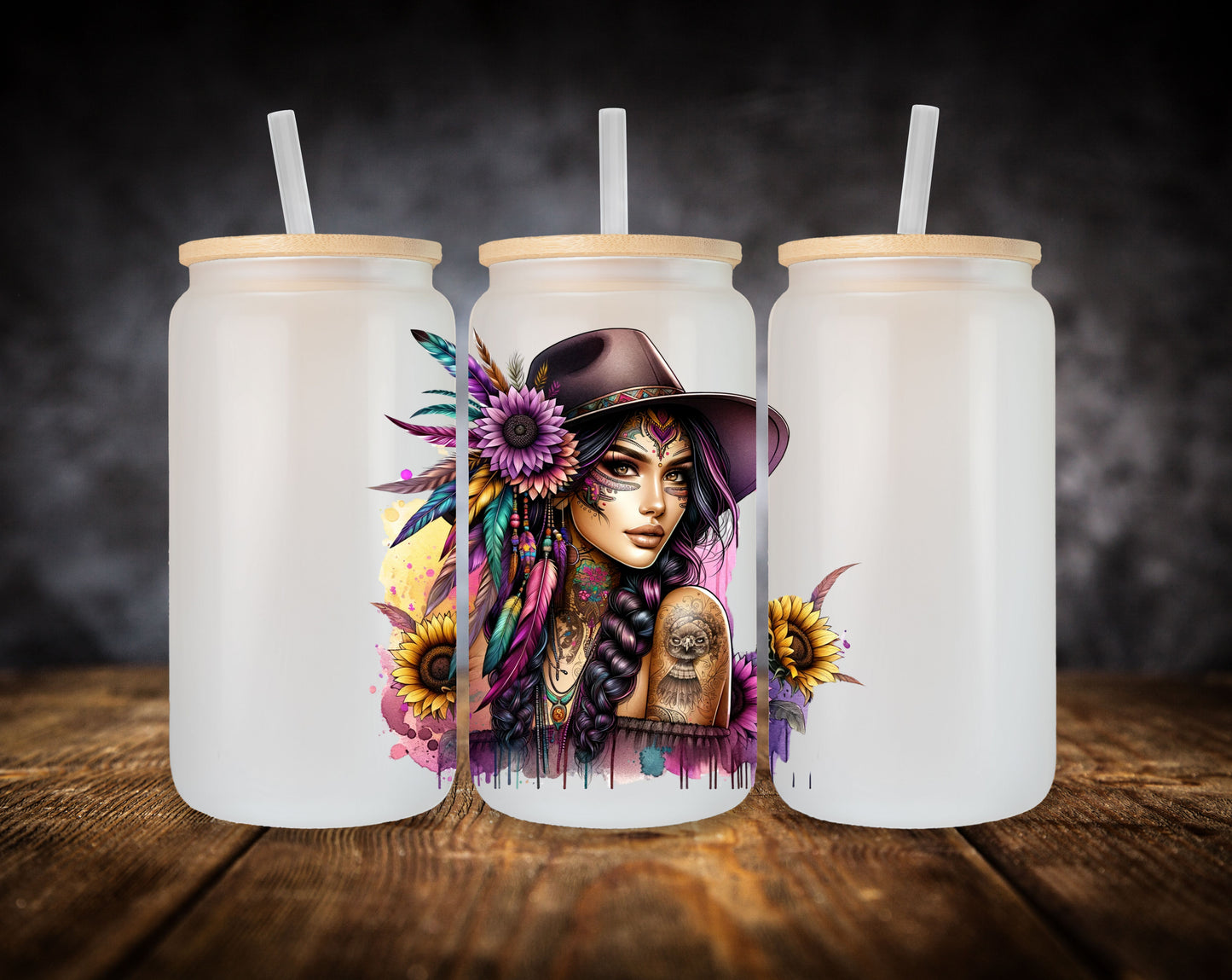Glass Can- Girl-Boho Feathers