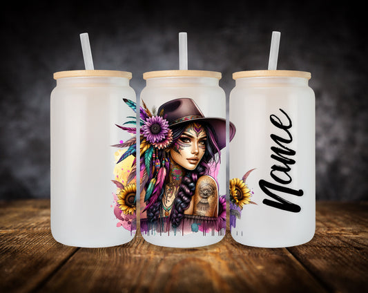 Glass Can- Girl-Boho Feathers W/Name